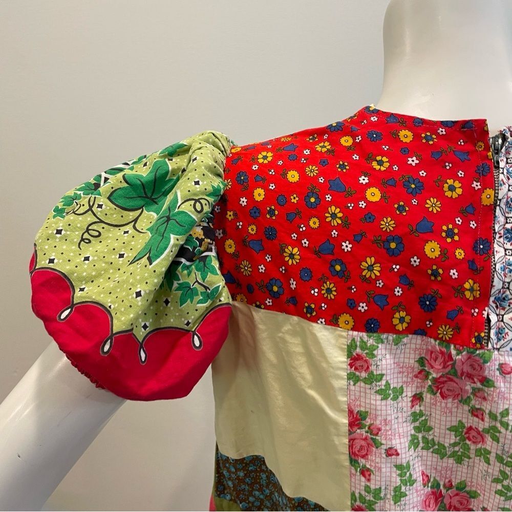 VINTAGE Floral Printed Cotton Patchwork Puff Sleeve Mini Dress - Picture 3 of 10
